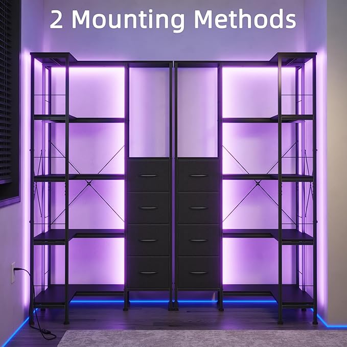 Corner Bookshelf with LED Light Strips & 4 Fabric Drawers, 5-Tier Convertible - Image 6
