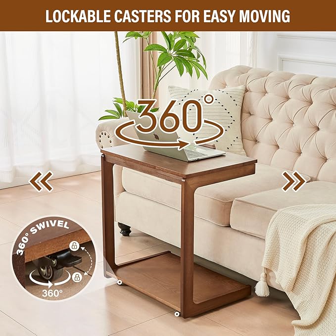 CozyDH Adjustable C Shaped End Table, Rolling Side Table Solid Wood TV Sofa - Image 3