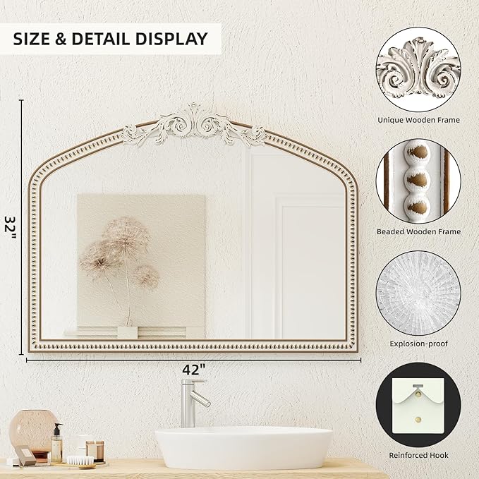 42''x32'' Baroque Wide Arched Wall Mirror, Ornate Wooden Farmhouse Arch - Image 5