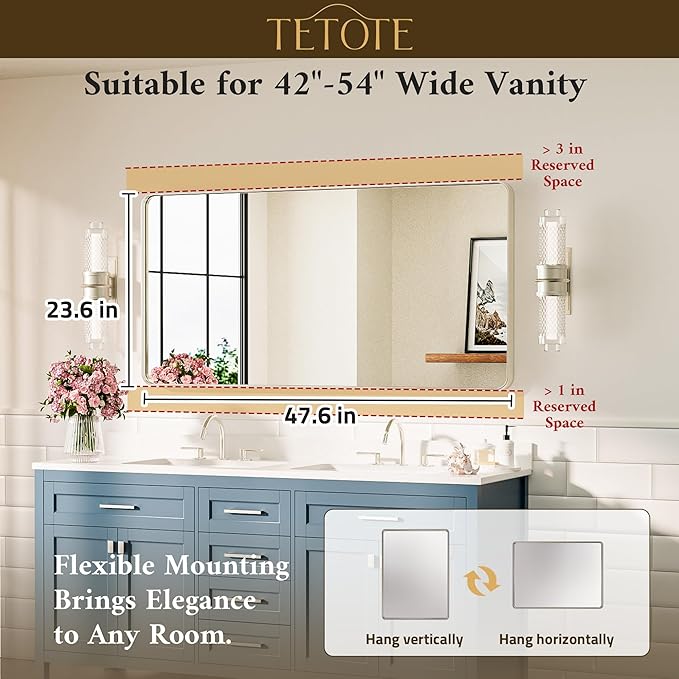 TETOTE Brushed Nickel Bathroom Mirror 48 x 24 Inch Brushed Nickel Metal Framed - Image 7