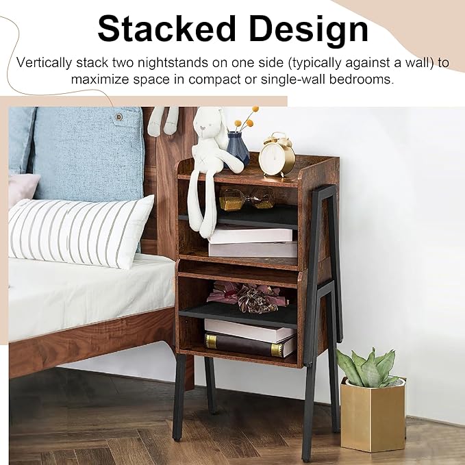 VECELO Nightstand Set of 2, Industrial Side End Table/Stackable Accent Furniture - Image 6