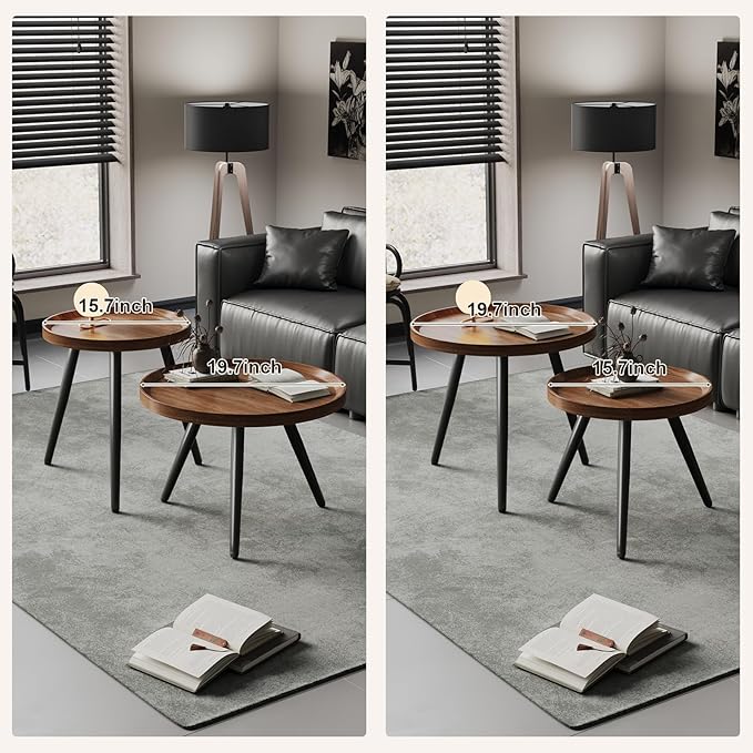 Small Round Coffee Table Set of 2, Walnut Coffee Tables - Image 3