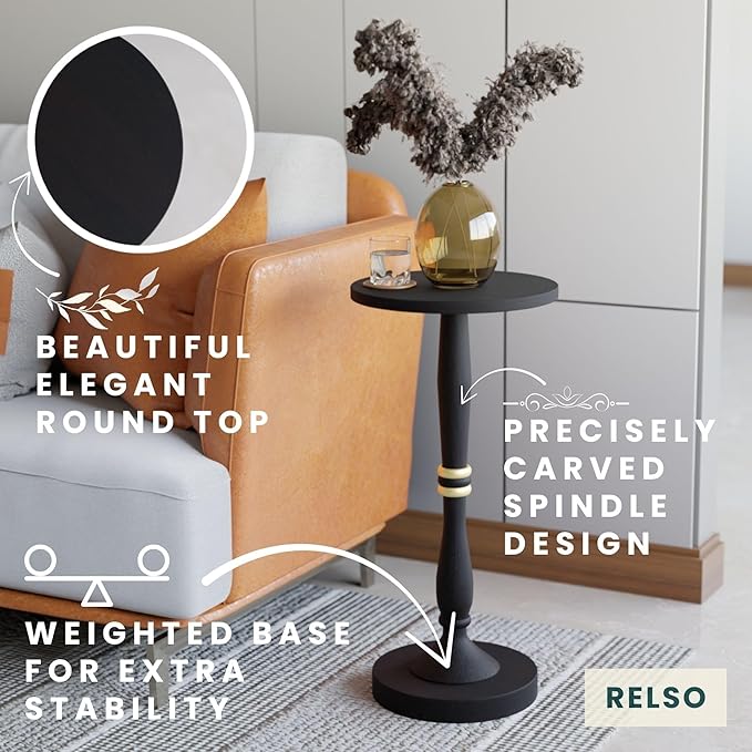 Relso Sceptrum Solid Wood Black Side Table – 24" Tall Round End Table, Narrow - Image 3