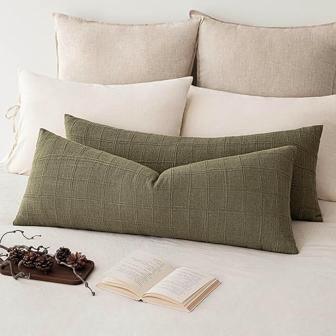 Foindtower Set of 2 Decorative Linen Check Throw Pillow Covers Neutral Long by Foindtower