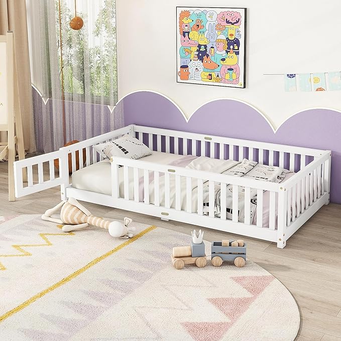 Twin Floor Bed Frame with Slats and Safety Guardrail, Wood Twin Size Montessori by Bellemave