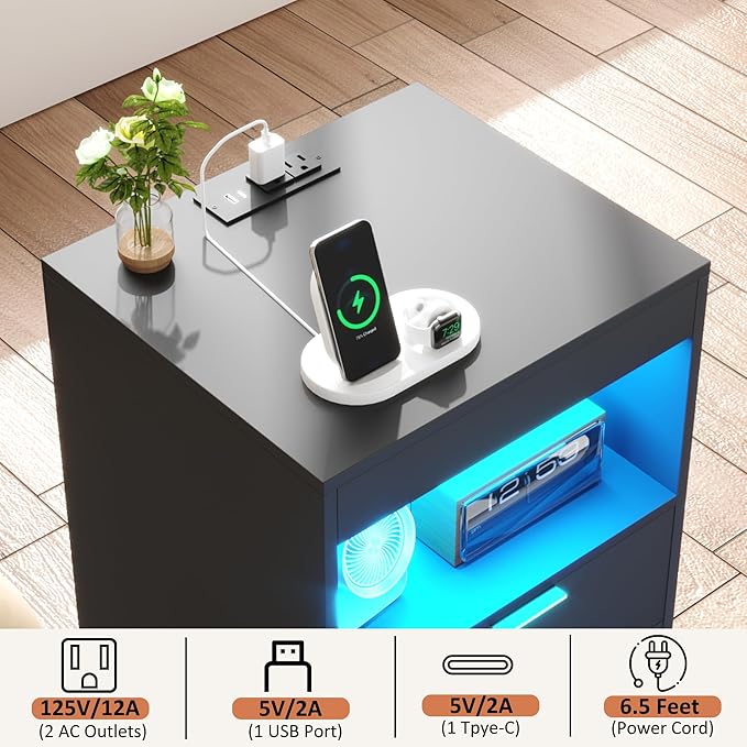 Gadroad LED Nightstand with Charging Station, Bedside Table with 3 Drawers and - Image 3