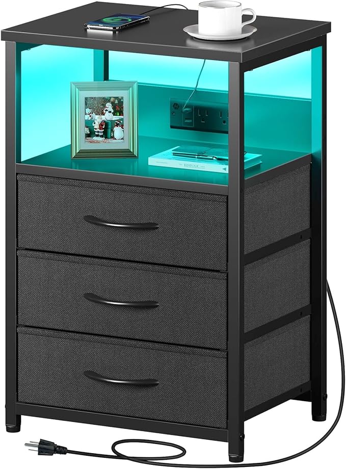 Seventable Nightstand with Charging Station and LED Light, Bedside End Table by Seventable