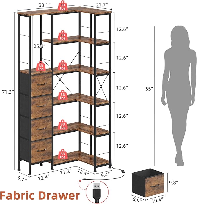 Corner Bookshelf with LED Light Strips & 4 Fabric Drawers, 6-Tier Convertible - Image 2