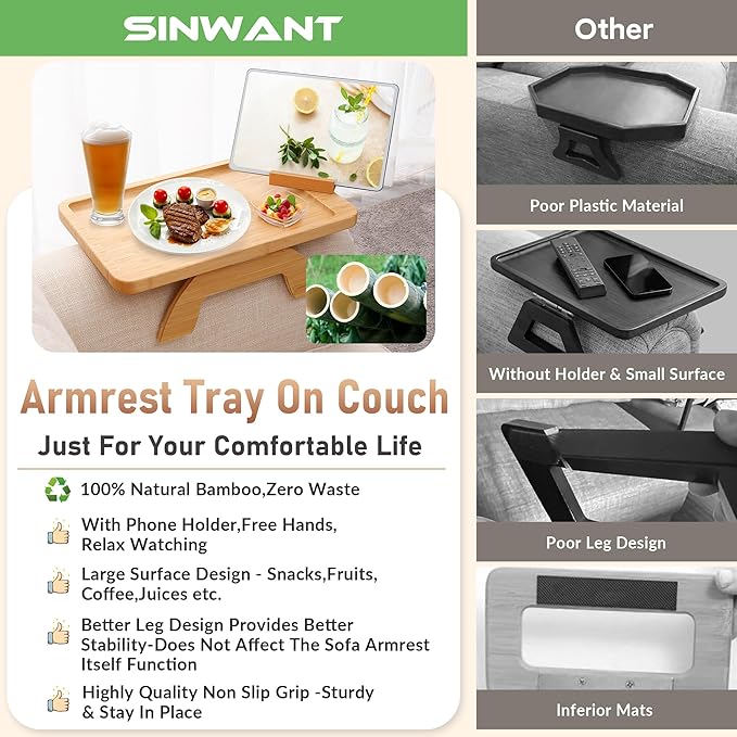 SINWANT Couch Arm Tray Table, Large Bamboo Couch Armrest Table - Image 5