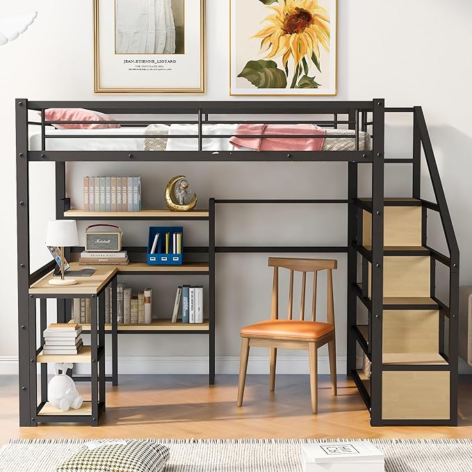 Full Size Metal Loft Bed with Staircase, Full-Length Guardrails, a Built-in - Image 3