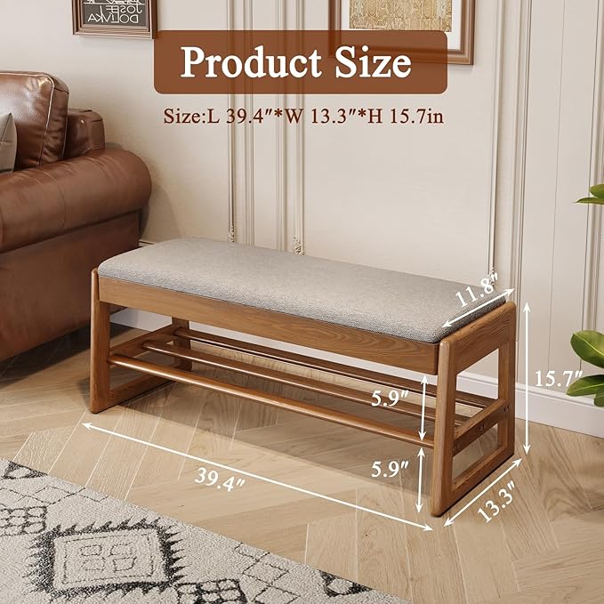 Shoe Rack Bench with Cotton-Linen Cushion 2-Tier Wooden Storage Bench 550lbs - Image 2