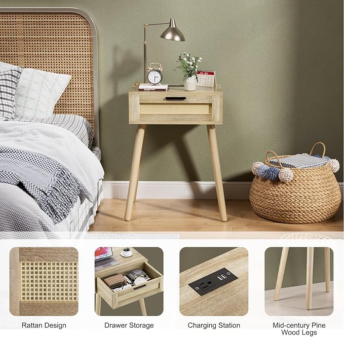 HAIOOU Nightstand with Charging Station Rattan Drawer, Mid Century Modern Side - Image 7