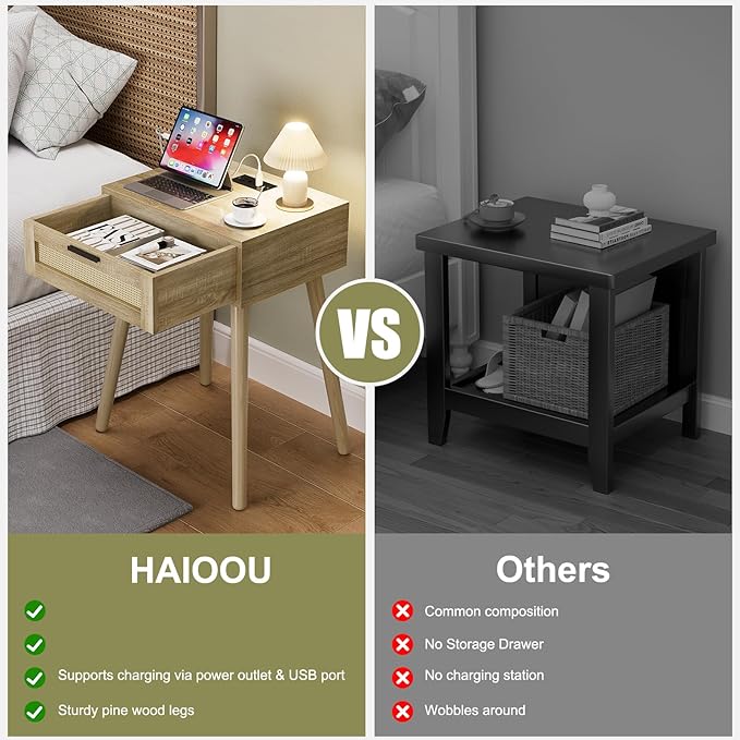 HAIOOU Nightstand with Charging Station Rattan Drawer, Mid Century Modern Side - Image 4