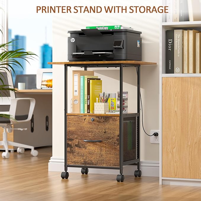 Small Filing Cabinet with Lock, Printer Stand with File Storage, Rolling - Image 3