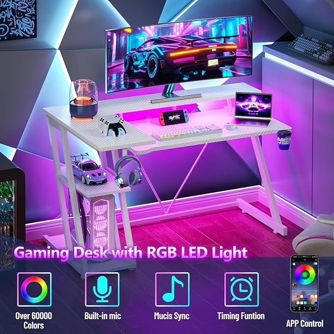 40 Inch Gaming Desk with Power Outlet & LED Lights, L Shaped Computer Gaming - Image 4