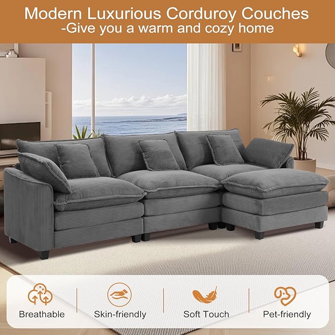 Furniliving 117‘’ L-Shaped Sofa, Luxury Corduroy Modular Sectional Couches - Image 7