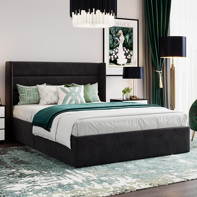 SHA CERLIN Full Size Lift Up Storage Bed/Velvet Upholstered/Modern Wingback - Image 8