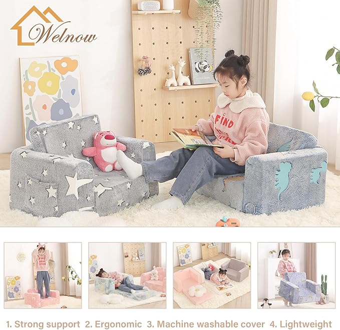 Welnow Toddler Chair, 2-in-1 Soft Sherpa Kids Sofa, Convertible Toddler Couch - Image 7