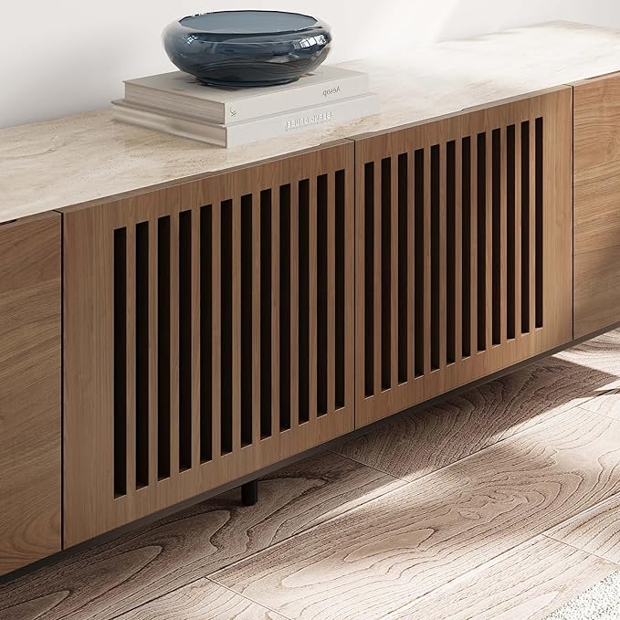 POVISON Mid Century Modern Sintered Stone TV Stand, Slatted Media Console TV - Image 6