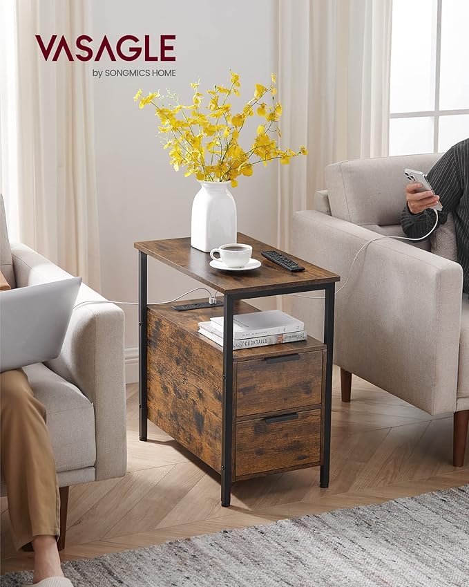 VASAGLE Side Table with Charging Station, Narrow End Table with 2 Drawers - Image 2