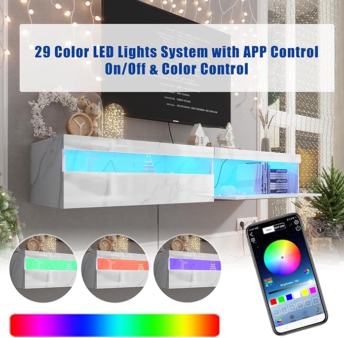 Floating TV Stand with Led Lights, 71 inch Wall Mounted TV Shelf with Power - Image 2
