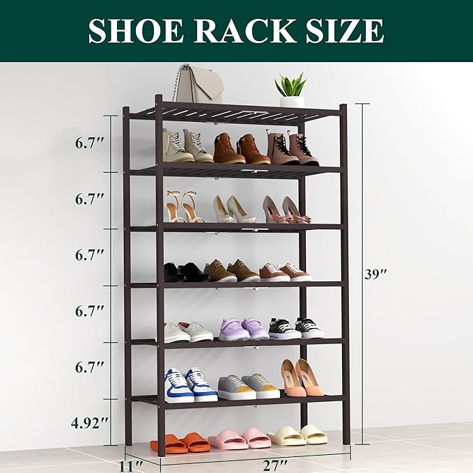 Smiry Shoe Rack, 6 Tier Thick Bamboo Shoe Organizer, Stackable Free Standing - Image 2