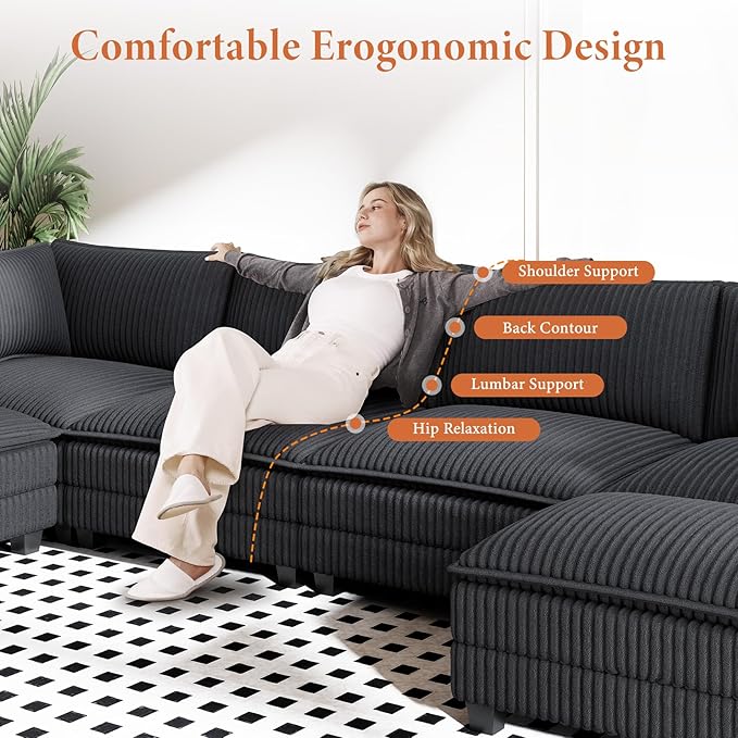 Vesgantti 109" U Shaped Cloud Sectional Sofa, Comfy Corduroy Upholstered - Image 4