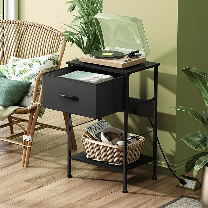 WLIVE Night Stand with Charger Station, Small Nightstand with 1 Fabric Drawer - Image 6