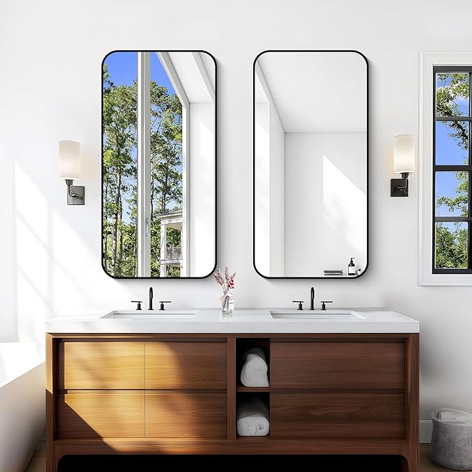 Bathroom Mirror, 48 x 24 inch Black Rectangle Wall Mirror, Metal Framed - Image 6