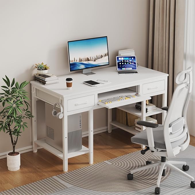Lufeiya White Desk with Keyboard Tray Slide Out, 47 Inch Home Office Computer - Image 2