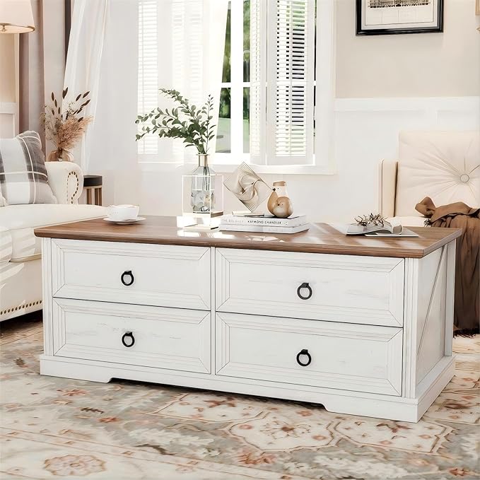 Farmhouse Coffee Table with Drawers 47 in Living Room Tables with Storage by HOMEFURNITURE