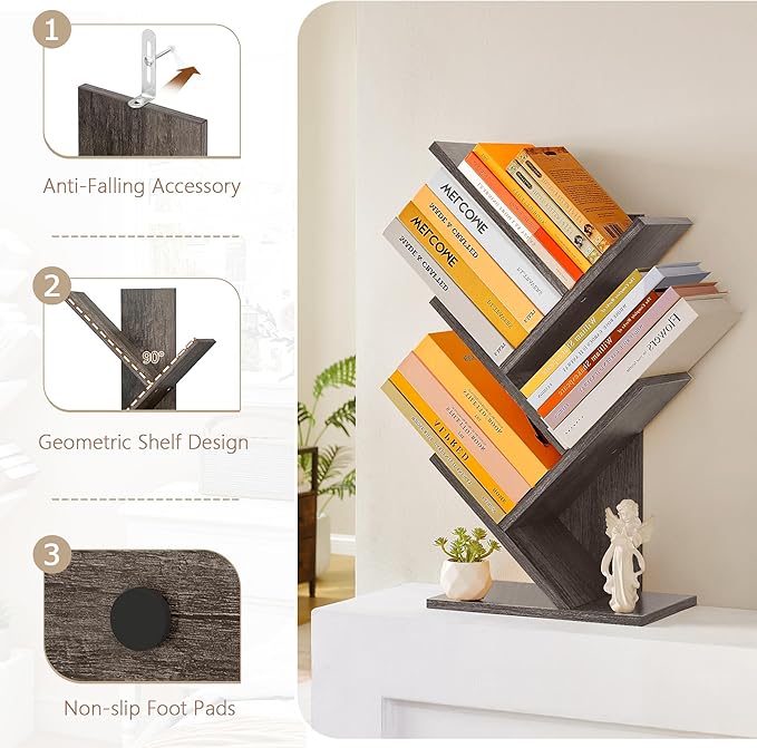 Hoctieon 4 Tier Tree Bookshelf, 4 Shelf Bookcase, Free Standing Tree Bookcase - Image 7