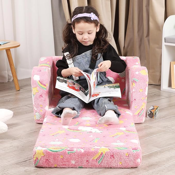 Unicorn Glow in The Dark Toddler Couch, 2-in-1 Toddler Soft Couch Fold Out - Image 3