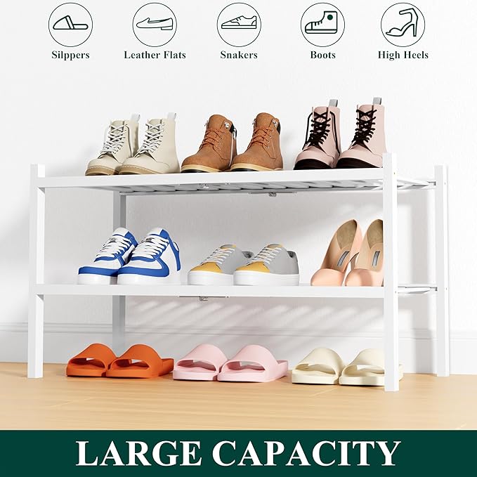 Smiry Shoe Rack, 2 Tier Thick Bamboo Shoe Organizer, Stackable Free Standing - Image 6