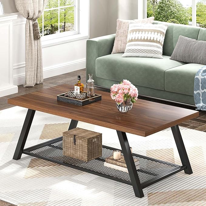 FOLUBAN Modern Coffee Table, Rustic Wood and Metal Center Table - Image 3