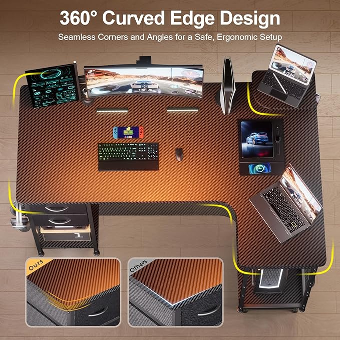 GTPLAYER L Shaped Desk with Drawers, Carbon Fiber Style Computer Desk with - Image 4