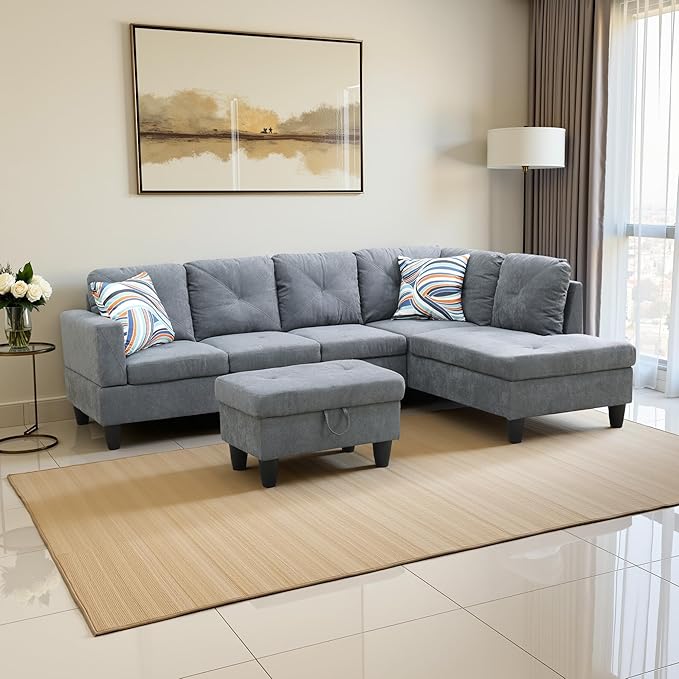 Couches for Living Room Modern L Shaped Couch Comfy Flannelette Fabric 3 Pieces - Image 4
