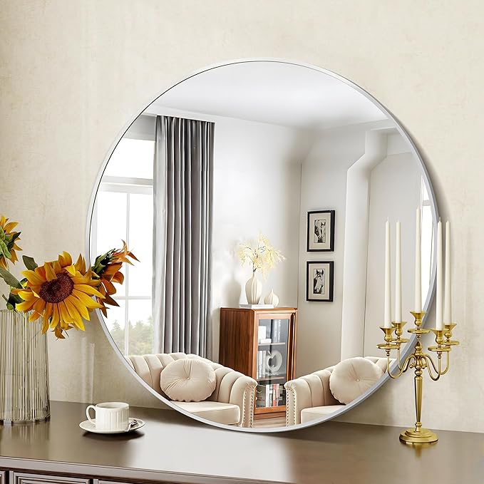 Silver Round Mirror, 39 Inch Wall Mounted Round Mirror, Aluminum Alloy Metal by GLASHOM