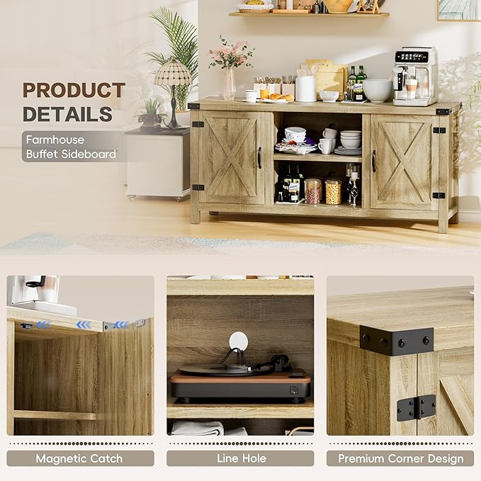 YESHOMY Farmhouse Buffet & Sideboard, Wood Coffee Bar - Image 6