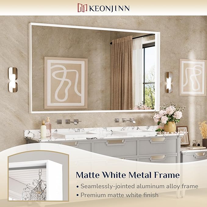 Keonjinn 60 x 36 Inch White Bathroom Mirrors Metal Framed Large Bathroom Mirror - Image 6