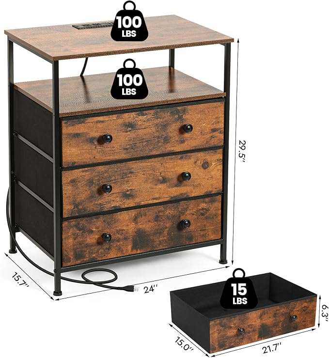 3 Drawers Dresser with Charging Station, 24 Inch Wide LED Night Stand with - Image 3
