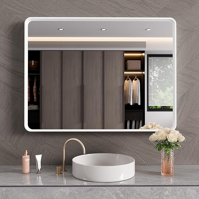 White Bathroom Mirror 40x30 Inch, Rounded Rectangle Matte Bathroom Vanity Mirror - Image 2