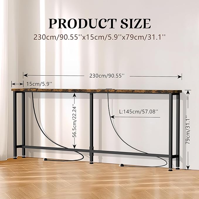 GRLEAF 90" Sofa Table with Built-in Power Strip – 4.9ft Power Cord, Metal Frame - Image 3
