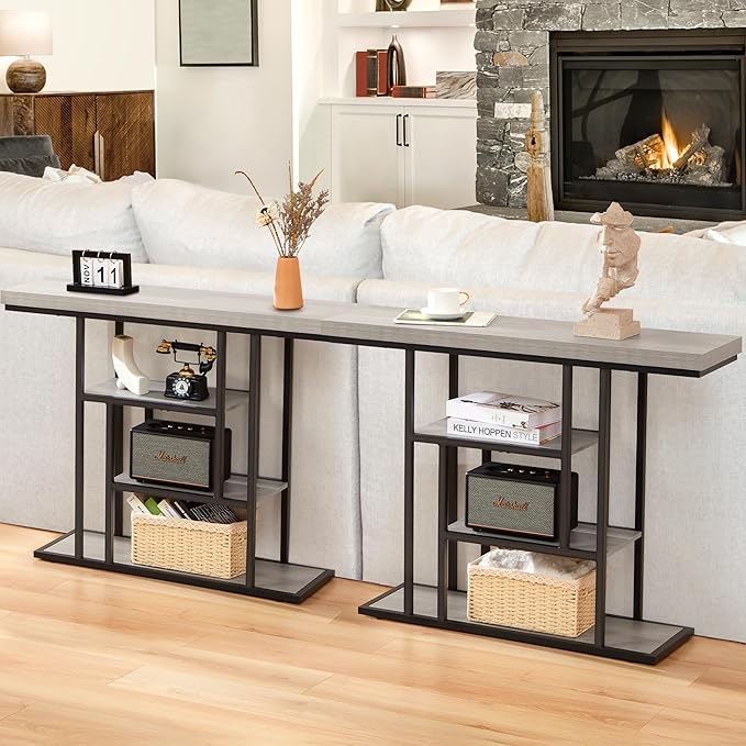 HABUTWAY 42" Industrial Console Table, Narrow 4-Tier Wood Entryway Table - Image 4