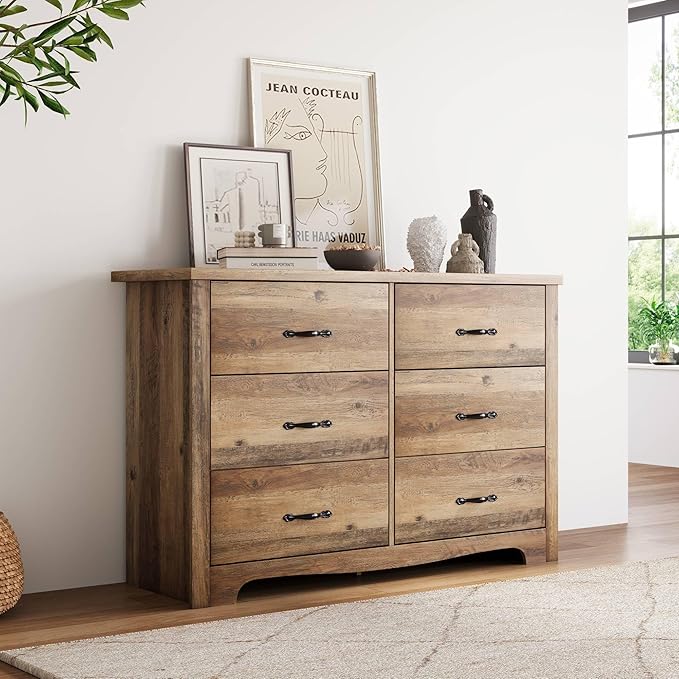 LINSY HOME 6 Drawers Dresser for Bedroom, Modern Farmhouse Storage Dresser by LINSYHOME