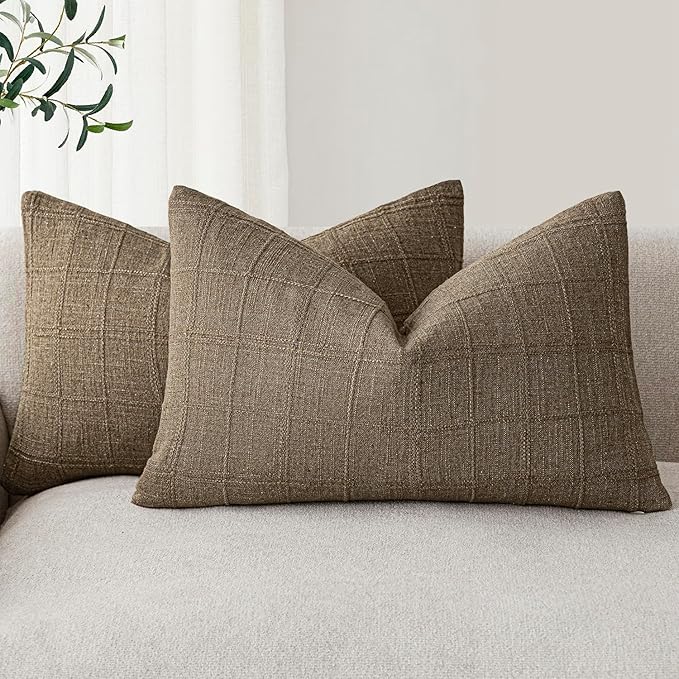 Foindtower Set of 2 Decorative Linen Check Throw Pillow Covers Neutral by Foindtower