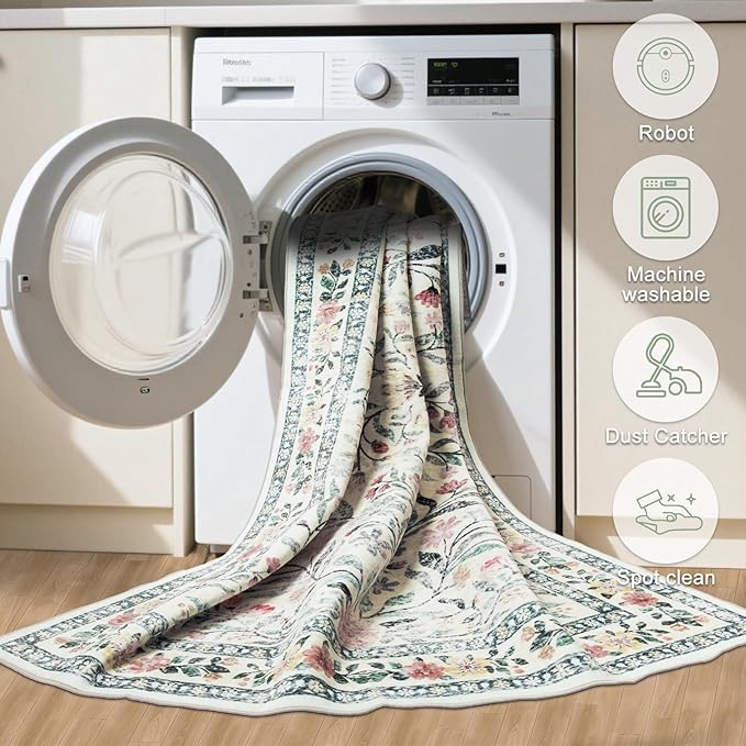 Area Rugs 9x12 Living Room: Floral Washable Rug Vintage Large Soft Boho - Image 5