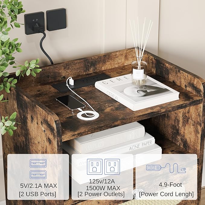 End Table with Diamond Handle, Nightstand/Bedside Table with Charging Station - Image 3