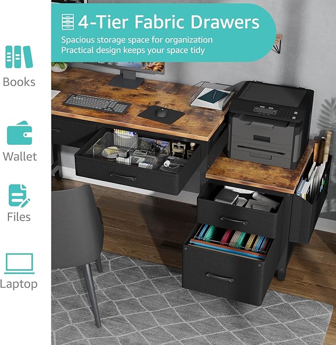 Lufeiya Computer Desk with Fabric File Drawers Cabinet, 57 Inch Home Office - Image 6