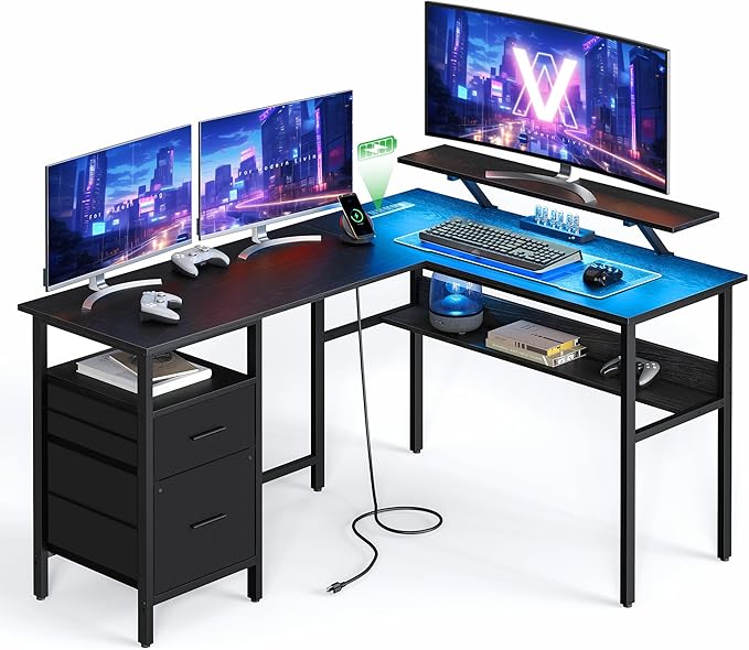 VASAGLE L-Shaped Desk with Power Outlets, Computer Desk with Monitor Stand by VASAGLEbySONGMICSHOME